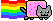 a pixel gif of nyan cat, a grey cat with a poptart for a body, flying and leaving a trail of rainbows.