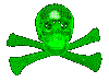 a green, semi-transparent rotating skull and crossbones. end ID.