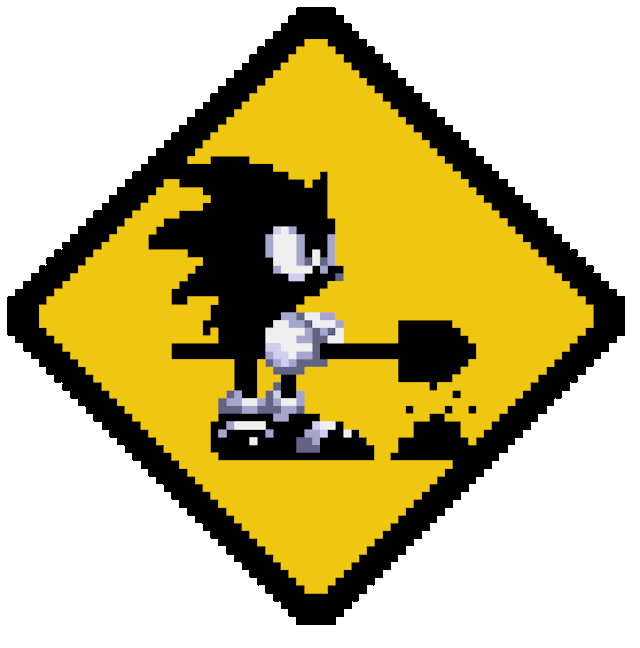 A yellow, diamond-shaped traffic signal featuring a black-and-white gif of Sonic the Hedgehog with a shovel, digging up some dirt. End ID.